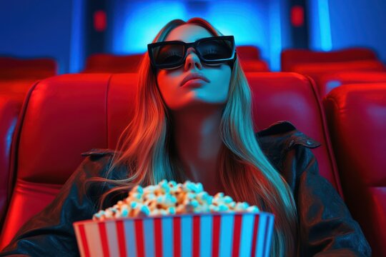 Chic young woman with 3D glasses in luxury movie theater
