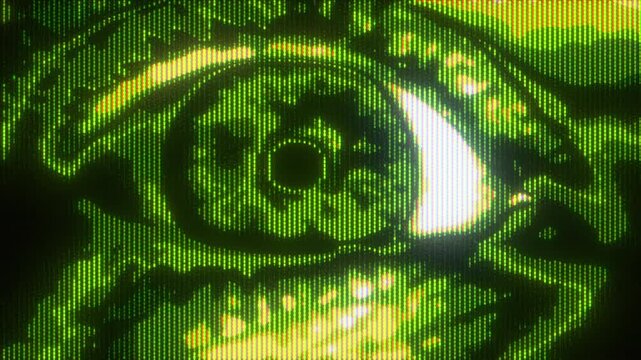 4K CRT glitch animation of green eye close-up with analog scanlines, pixel flicker, and VHS-style distortion for motion graphics overlay, screen mode, cyber surveillance and retro tech aesthetic - Powered by Adobe