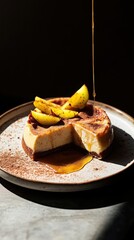 Indulgent churro cheesecake with banana slices and caramel drizzle  