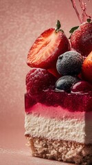 Vegan dessert with berries on top against a pink background  