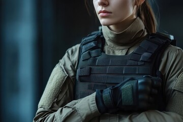 Female soldier in tactical gear standing with confidence