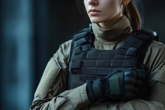 Female soldier in tactical gear standing with confidence - Powered by Adobe