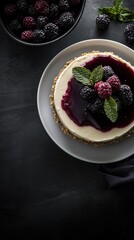 Creamy no-bake cheesecake topped with blackberries and mint leaves  