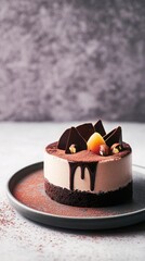 Decadent chocolate cake with dark chocolate shards on a plate  