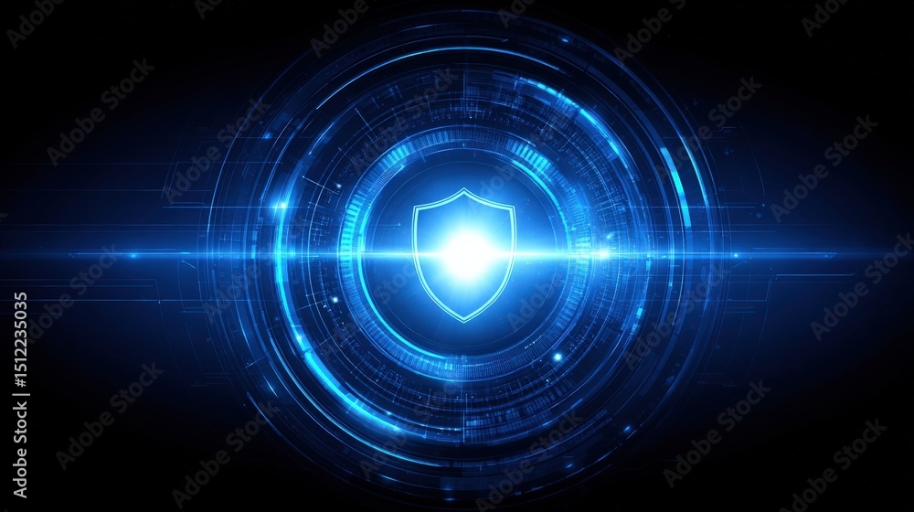 Aufkleber a glowing shield icon is centered within a futuristic, blue digital interface, symbolizing cybersecu