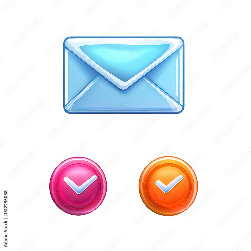 Poster glossy mail icon and checkmark buttons on transparent background