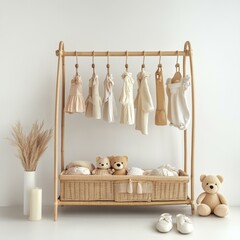 Clothing Rack Displaying Miniature Clothes and Teddy Bears in a Nursery or Boutique Setting