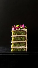 Rich pistachio cake slice with alternating layers and floral topping  