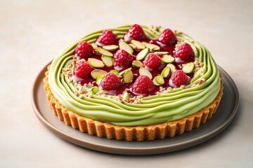Elegant almond and pistachio tart topped with raspberries on plate  