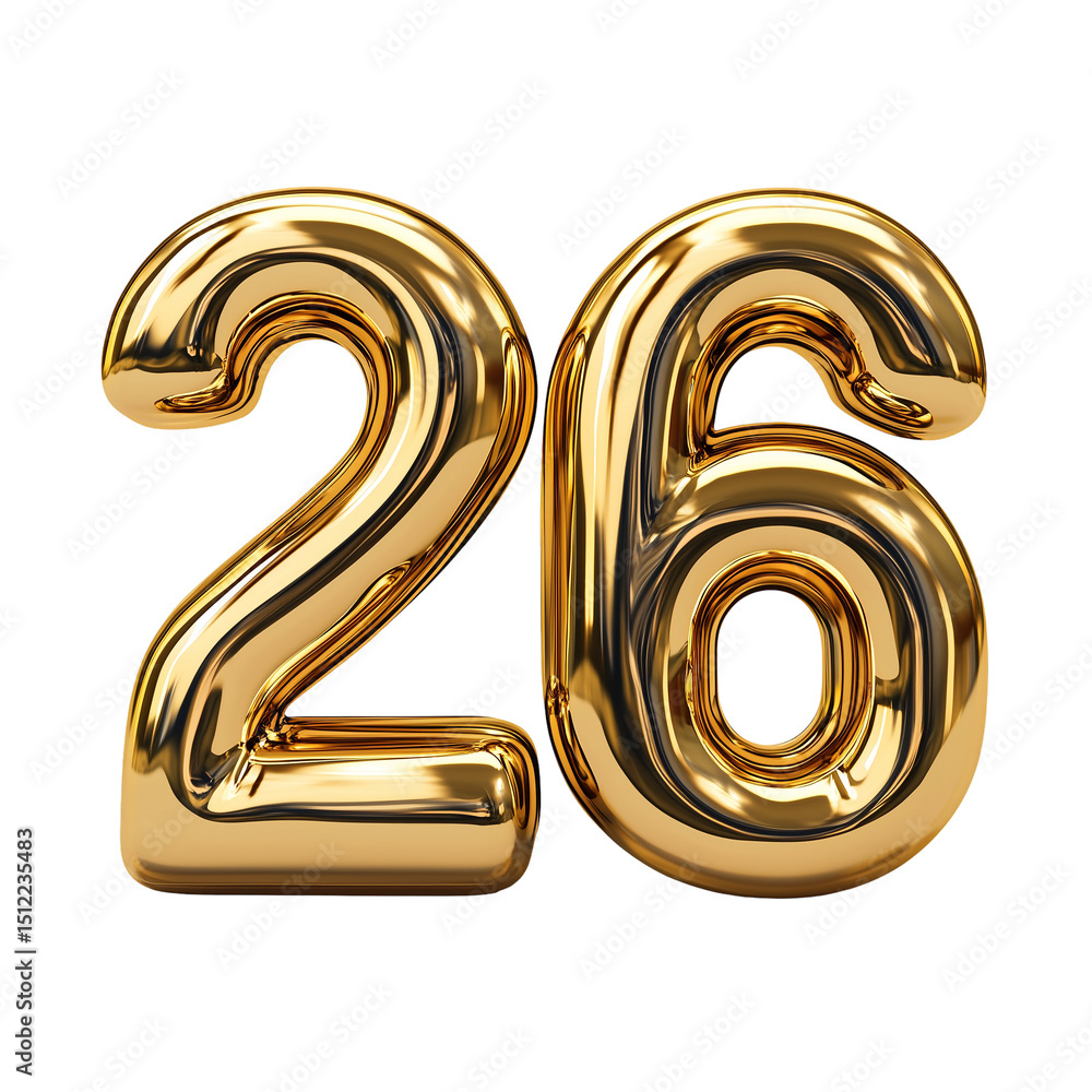 Aufkleber a rendering of the number twenty six in a shiny gold metallic style isolated on transparent bacgroun