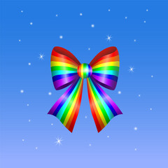 Bright Rainbow Ribbon Bow Isolated on Blue