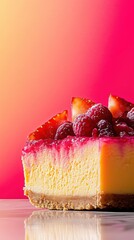 Vibrant cheesecake topped with raspberries and strawberries on a gradient background  