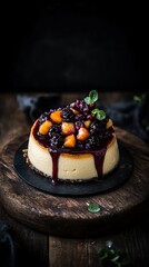Creamy cheesecake topped with berries and orange segments on wooden board  