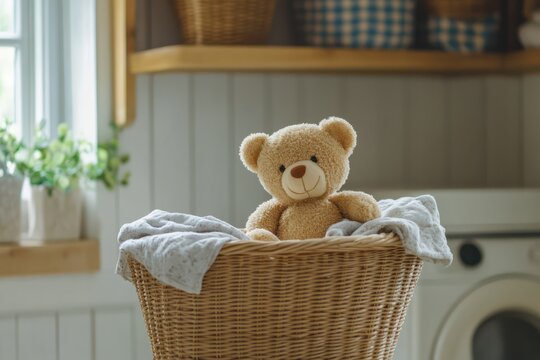 Teddy bear in wicker basket in cozy laundry room
