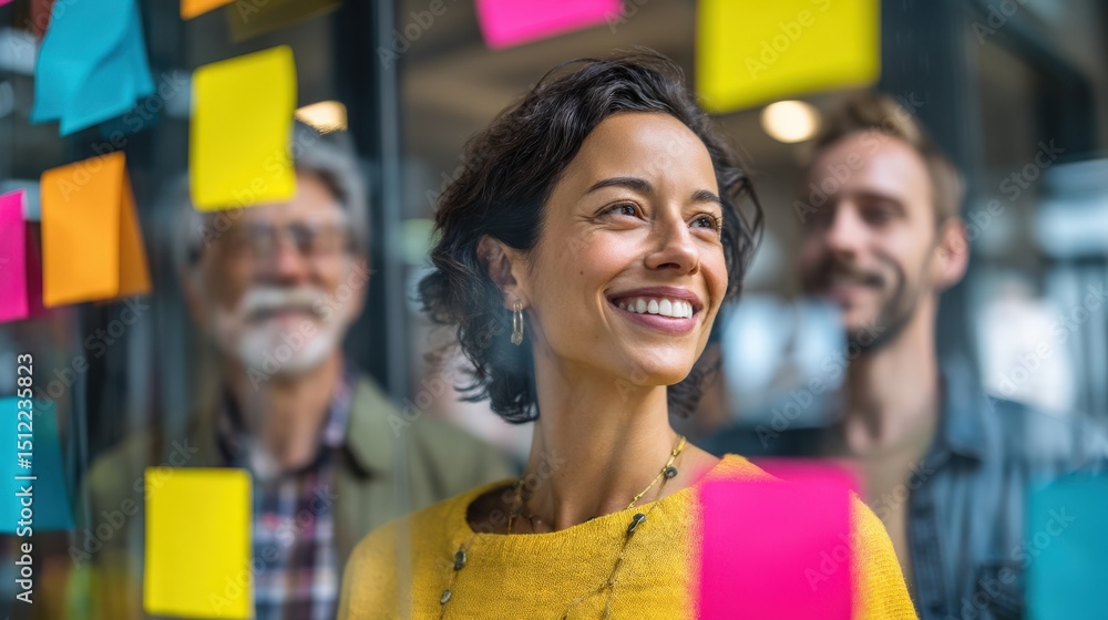 Poster a group of people brainstorming with colorful sticky notes, smiling and collaborating in a modern of