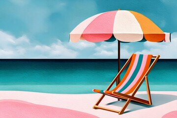 Colorful beach umbrella and striped deck chair on sandy shore, with calm turquoise ocean and blue sky in the background, creating a relaxing summer vacation atmosphere