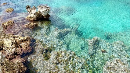 Clear turquoise sea with visible underwater rocks and corals. Shallow water in aqua and teal tones contrasts with beige and brown coastal stones. Mediterranean nature, travel, seaside detail, summer. 