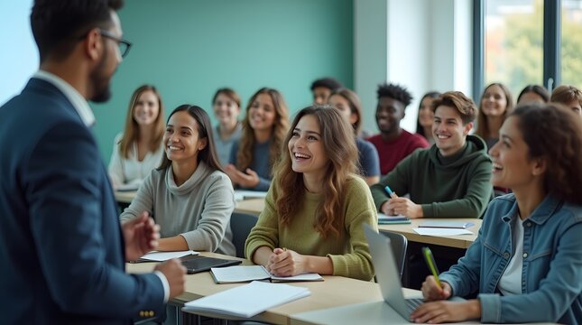 A diverse group of young students engaged and smiling during an interactive class session led by their instructor.