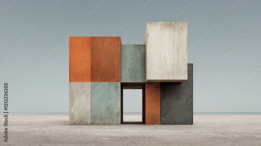 Aufkleber hyper realistic front view of a floating geometric concrete statue with orange, teal, and black squa