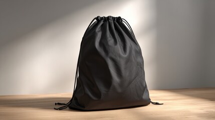 A black drawstring bag sits on a wooden floor, illuminated by natural light against a plain wall. ecofriendly product design