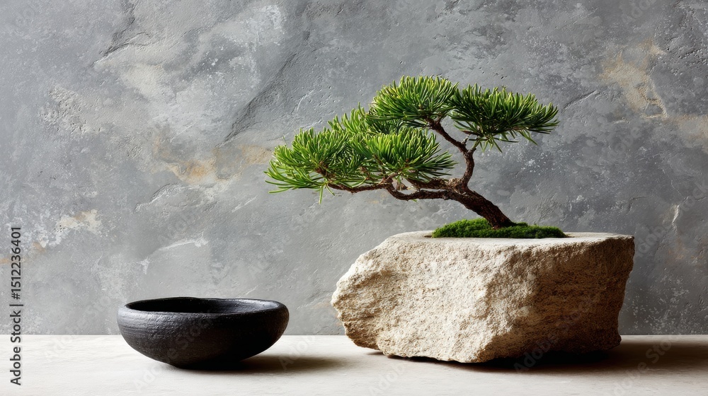 Poster modern minimal home design with elegant bonsai tree and stone planter