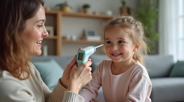 A smiling woman checks the temperature of a laughing girl using a digital thermometer at home. - Powered by Adobe