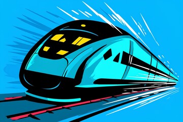 Obraz premium Classic train illustration filled with movement and charm, riding a track through a radiant, adventure-filled blue landscape.
