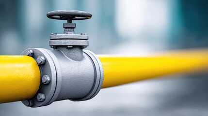 Obraz premium Artistic Yellow Pipeline Valve Composition in an Industrial Setting with Soft Background Focus