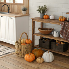 Pumpkins arranged on a kitchen floor beside a wooden cabinet.