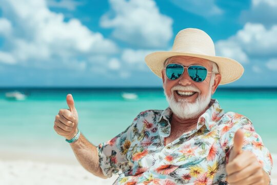 Happy senior man gives thumbs up on beach holiday