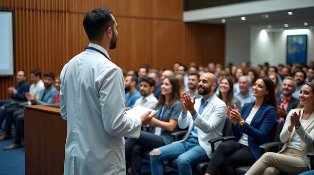 A male doctor in a white coat presents to an engaged audience, showcasing collaboration in a dynamic healthcare environment.