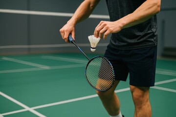 Badminton player ready serve.