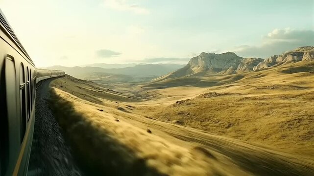 Scenic Train Journey: Traversing Golden Hills and Distant Mountains on Rails