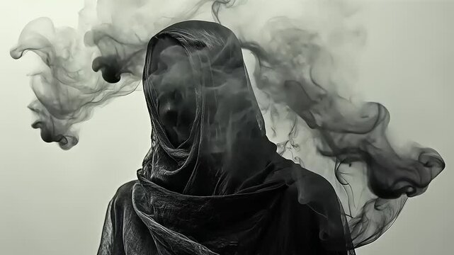 Silhouette Enshrouded in Mystery: A Figure Cloaked in Darkness and Smoke