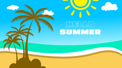 Hello Summer Beach Scene with Palm Trees, Sun, and Ocean