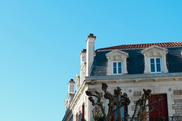 Bright sunshine illuminates the elegant facade of a historical building
