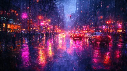 Fototapeta premium City Street in Rain at Night with Vibrant Neon Light Reflections