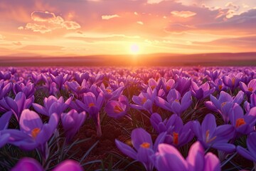 High Resolution of a Horizon of Beautiful Purple Saffron Flower Field in Sunset