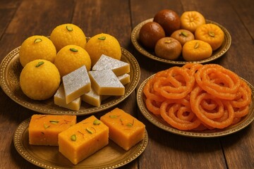 Indian sweets on golden plates.