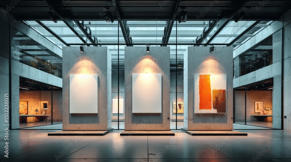 Aufkleber hyper realistic view of empty minimal white art gallery interior with three blank white canvases on 