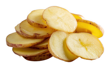 Freshly Sliced Potato: A pile of freshly sliced potatoes, showcasing their golden-yellow flesh, perfect for culinary creations, ready to be transformed into delicious dishes. 