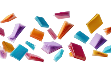 Colorful books in various hues, flying or falling,  form a horizontal banner against a black background
