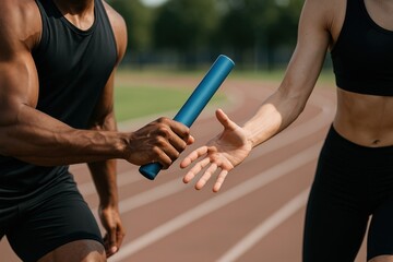 Athletes exchanging baton on track.