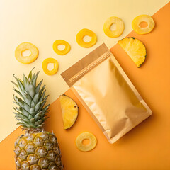 A bronze yellow sachet is suspended midair, rotating slightly.