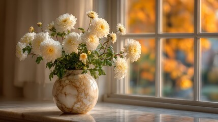 White chrysanthemums arranged in a marble vase on a desk in a quiet study room with a west-facing window, soft golden light, neat elegant space, and subtle fall ambiance in an American home interior
