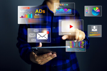 Digital marketing advertisement concept with working on tablet to check customer engagement result on tablet in marketing platform