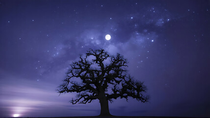 Silhouette of a lone tree against a dark night sky with bright stars and a luminous moon, casting a blue light over the serene landscape