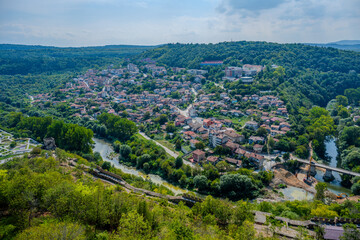 Aerial View of Veliko Tarnovo, Bulgaria Featuring the Yantra River, Residential Districts, and...