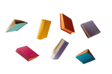 Colorful books levitate in a scattered array against a black background