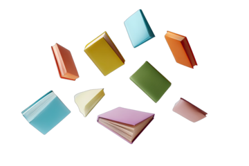 A vibrant, abstract design of various colored books scattered in a dynamic, radiating pattern against a black background